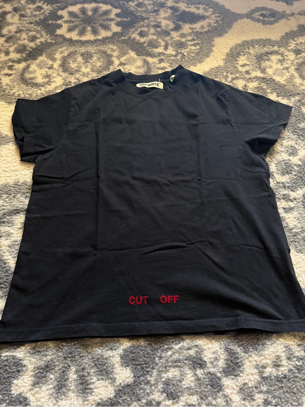 Off-White Black Tee with Red 'CUT OFF' Embroidery